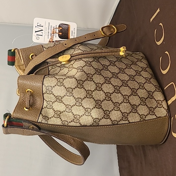 GUCCI ACCESSORIES VINTAGE 70’S WEB SHERRY DRAWSTRING GG SUPREME COATED BUCKETBAG - Picture 4 of 17